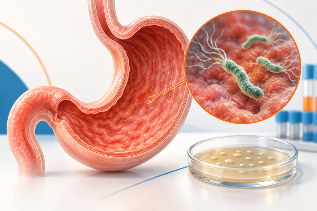 Модель желудка, условное изображение Helicobacter pylori и чашка для исследования